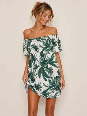 H&M Tropical Palm Print Off Shoulder Beach Cover Up Mini Dress XS